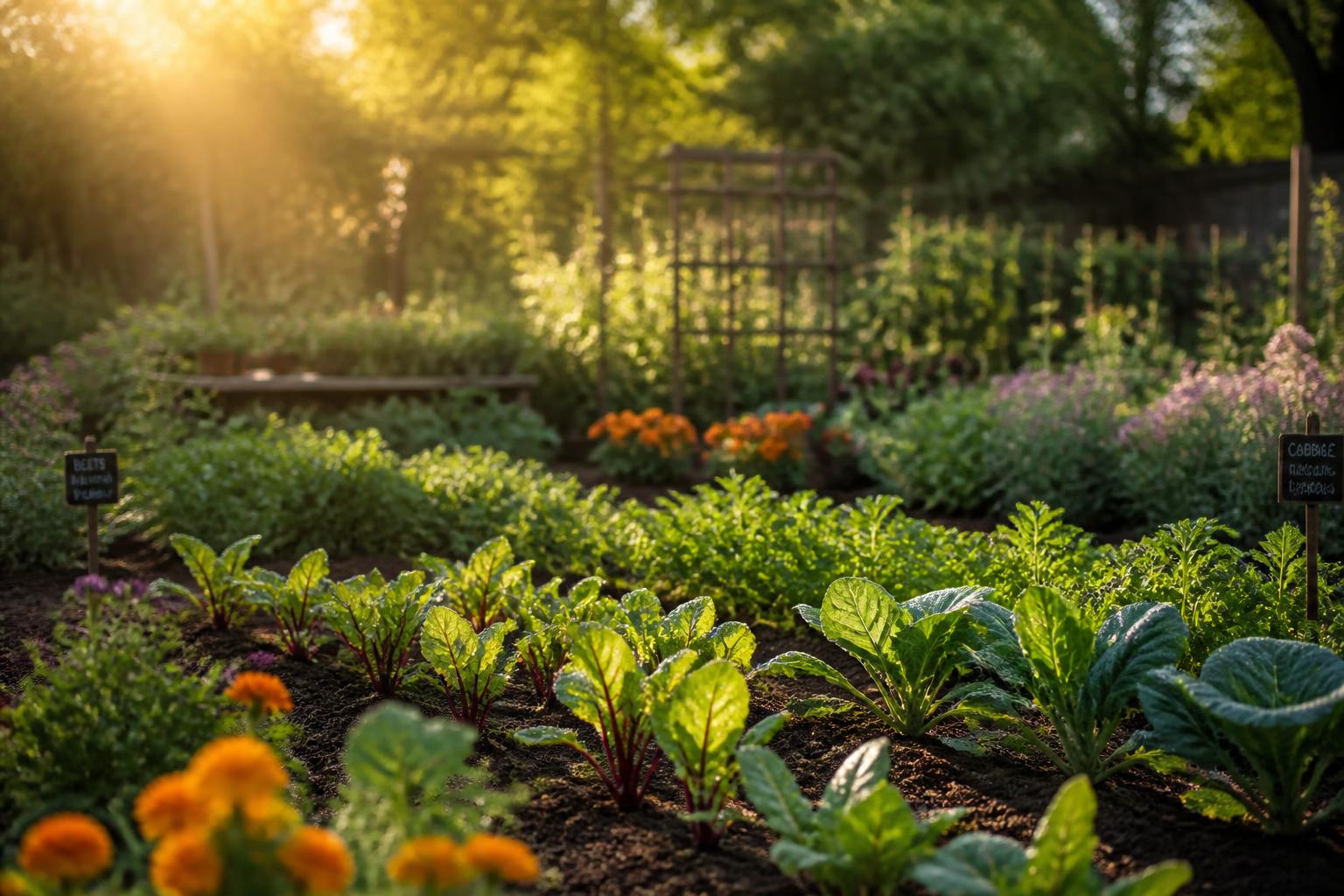 Rows of young vegetables and flowers in a sunlit garden