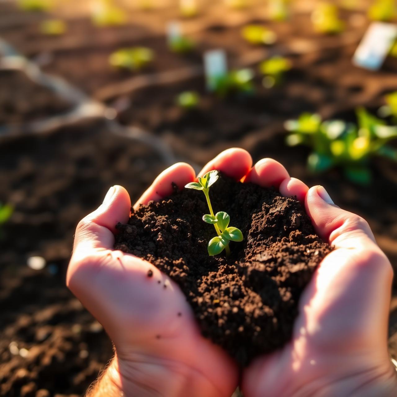 Hands cupping rich soil with a small green seedling